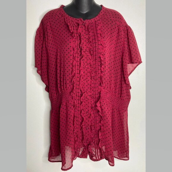 Torrid Womens Blouse Top Size 4 Sheer Ruffles Red Polka Dot Short Sleeve Career - Picture 8 of 8